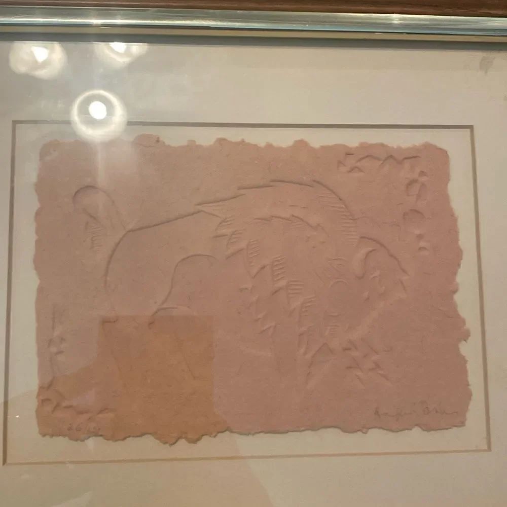 Original Framed Vintage Bison in Nature Embossed Paper Artwork, Signed by Artist